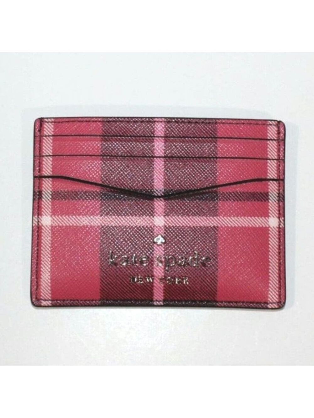 KATE SPADE STACI CARD HOLDER BRIGHT ROSE RED PLAID